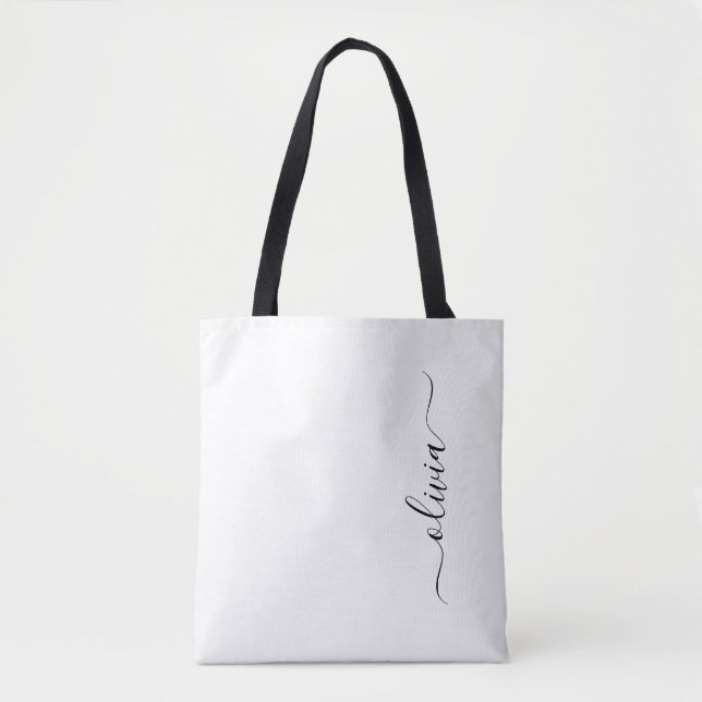 Black Name White Girly Script Monogram Modern Tote Bag (Front)