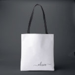 Black Name White Girly Script Monogram Modern Tote Bag<br><div class="desc">Black and White Elegant Add Your Own Name Monogram Book Bag. This Book Bag can be customised to include your initial and first name and given as a gift for Christmas,  Sweet 16 Birthday,  Bridal Shower or a Wedding.</div>