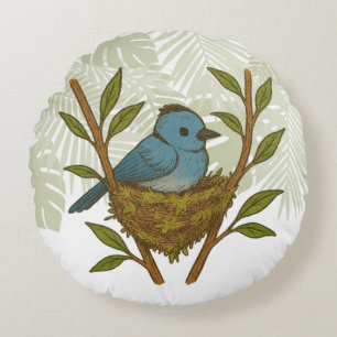 Black-Naped Monarch Nestled Among the Leaves Round Cushion