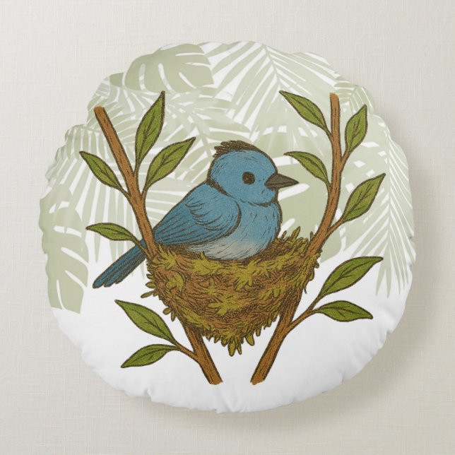 Black-Naped Monarch Nestled Among the Leaves Round Cushion (Front)