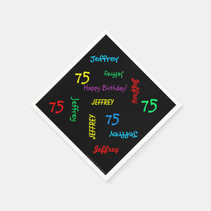 Black Napkins, 75th Birthday Party Repeating Names Napkin