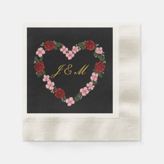 Black Napkins - Floral Heart Wedding (Front)