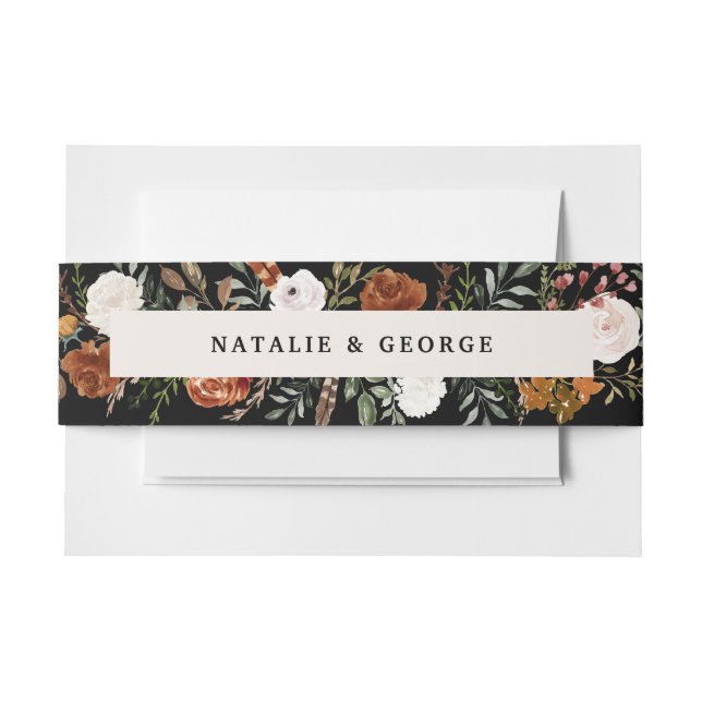Black natural botanical elegant modern floral chic invitation belly band (Front Example)