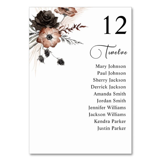Black & Natural Floral Boho Table Seating Chart Number (Back)