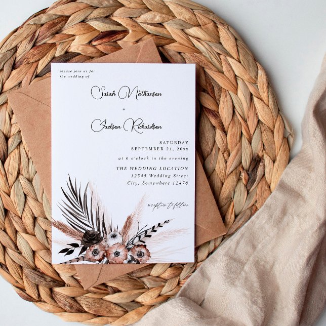Black & Natural Floral Boho Wedding Invitation (Creator Uploaded)