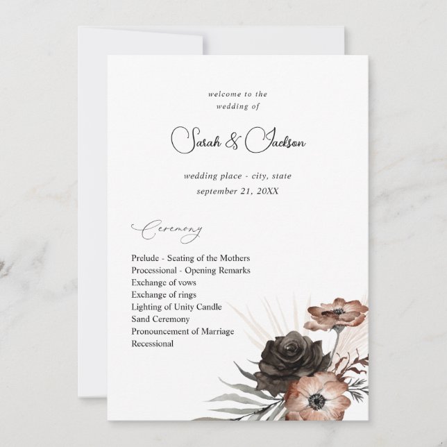 Black & Natural Floral Boho Wedding Program 2 Invitation (Front)