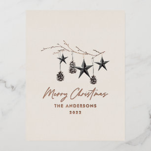 Black natural modern scandi botanical Christmas Foil Holiday Postcard