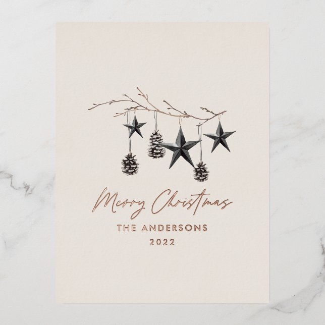 Black natural modern scandi botanical Christmas Foil Holiday Postcard (Front)