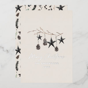 Black natural scandi modern botanical  foil holiday card