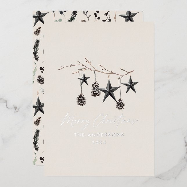 Black natural scandi modern botanical  foil holiday card (Front/Back)