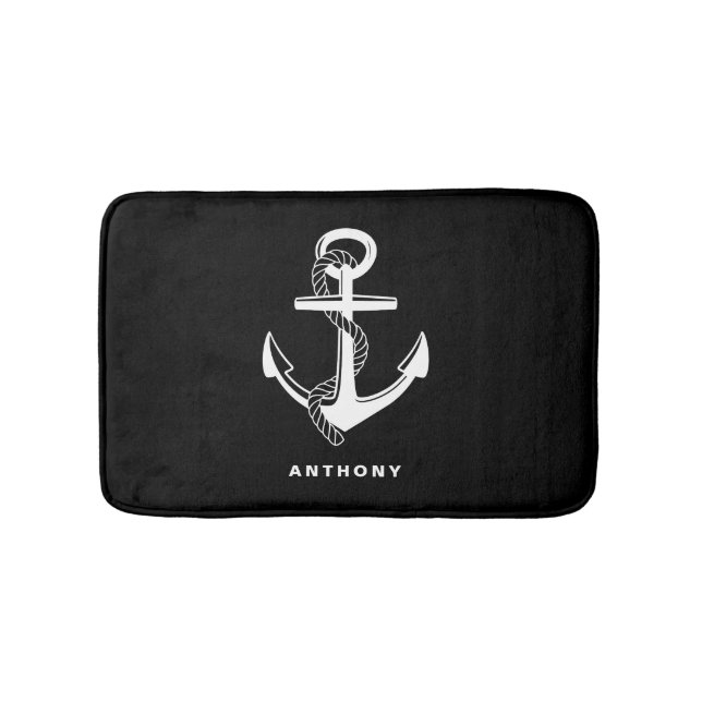Black Nautical Anchor Personalised Bath Mat (Front)