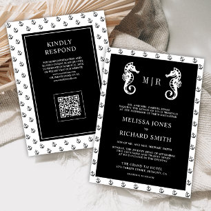 Black Nautical Anchor Seahorse QR Code Wedding Invitation