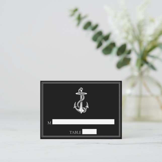 Black Nautical Anchor Wedding Place Cards (Standing Front)