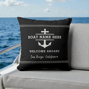 Black Nautical Boat Name Welcome Aboard Anchor Cushion