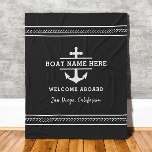 Black Nautical Boat Name Welcome Aboard Anchor  Fleece Blanket