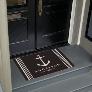 Black Nautical Elegant White Anchor   Personalised Doormat