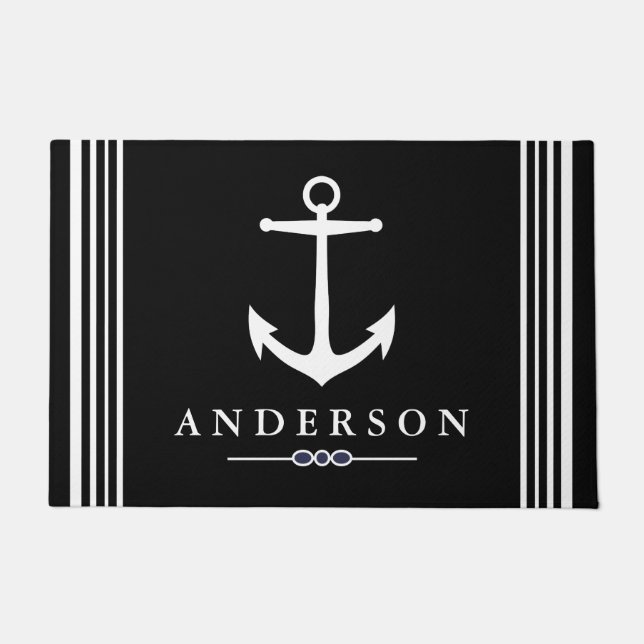Black Nautical Elegant White Anchor | Personalised Doormat (Front)