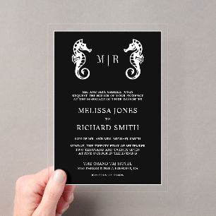 Black Nautical Seahorse Wedding Acrylic Invitations