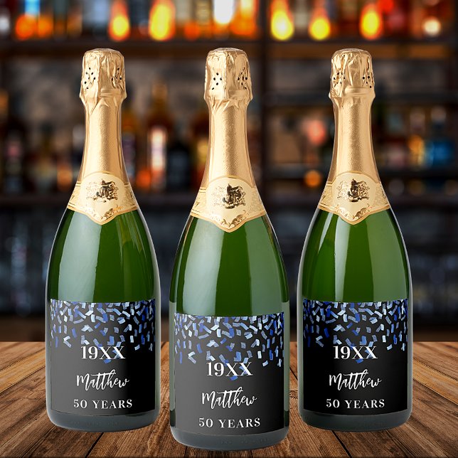 Black navy blue confetti name years birthday guy sparkling wine label (Creator Uploaded)