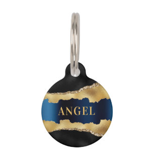 Black navy blue gold agate marble glitter name pet tag