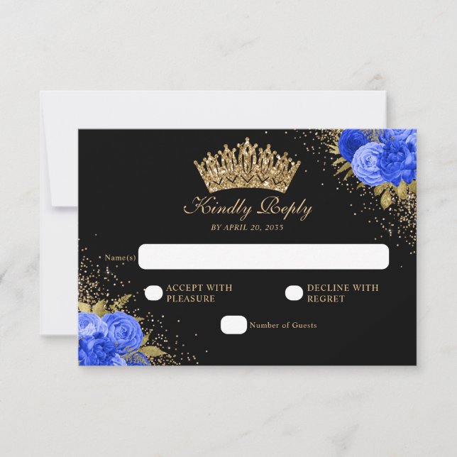 Black Navy Blue Gold Glitter Floral Quinceanera RSVP Card (Front)