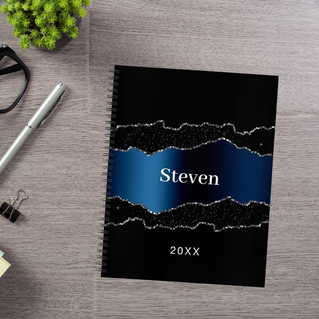 Black navy blue silver agate geode name notebook (Creator Uploaded)