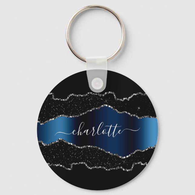 Black navy blue silver agate marble name script key ring (Front)