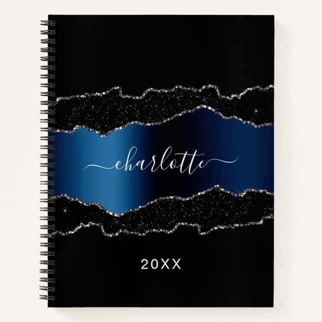 Black navy blue silver agate marble name script notebook (Front)