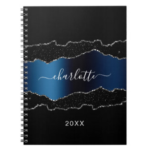 Black navy blue silver agate marble name script notebook