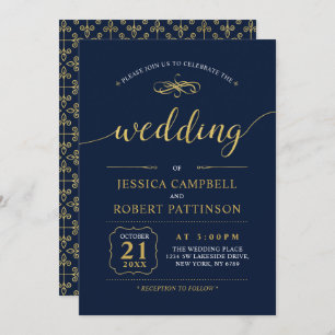 Black & Navy   Elegant Classic Wedding Ceremony Invitation