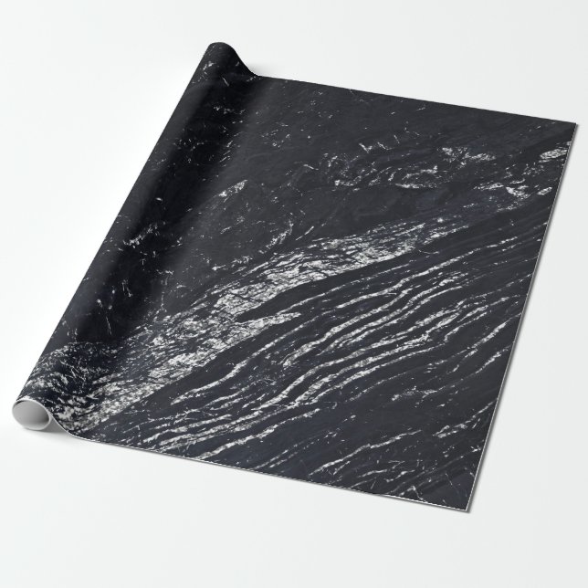 Black Navy Silver Gray Carrara Marble Stone Wrapping Paper (Unrolled)