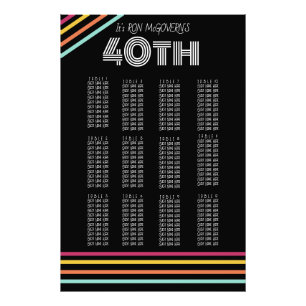 Black & Neon 40th Retro Stripe Seating Chart  Photo Print
