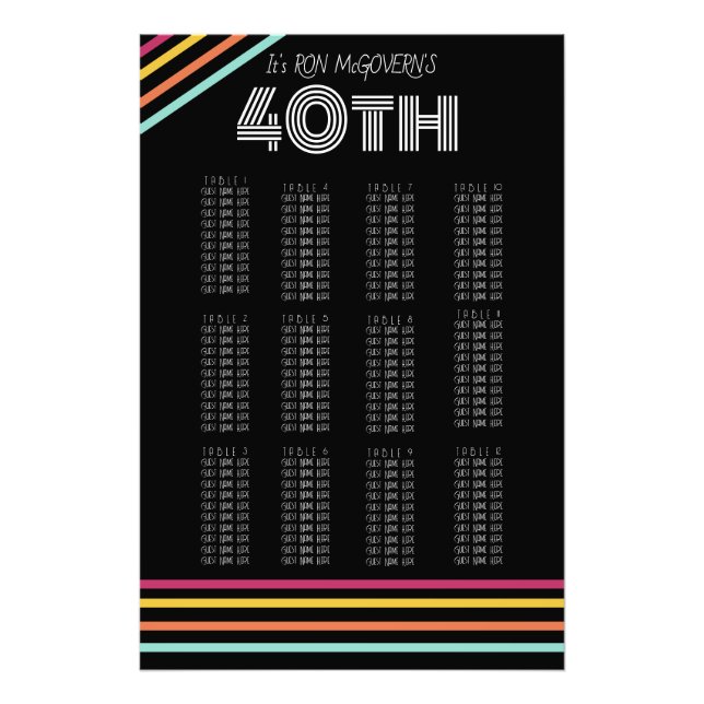 Black & Neon 40th Retro Stripe Seating Chart  Photo Print (Front)