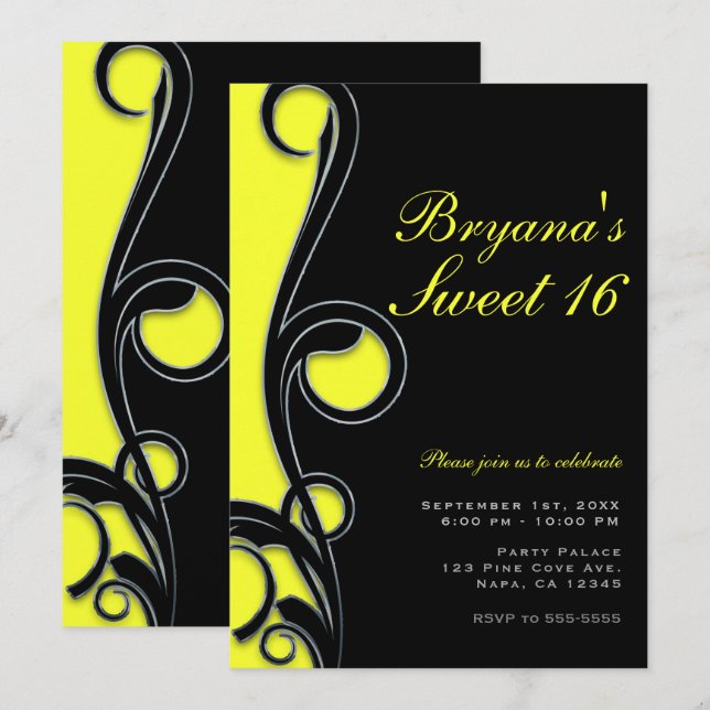 Black & Neon Bright Yellow Swirl Sweet 16 Party Invitation (Front/Back)