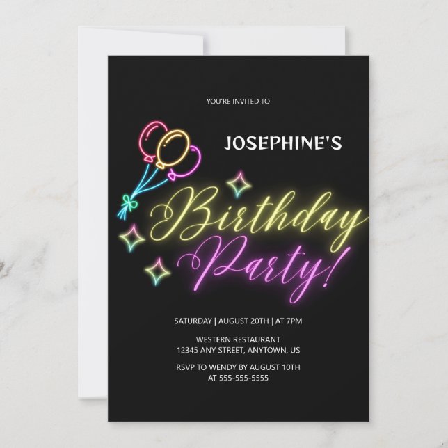 Black Neon Colourful Glow Balloon Birthday Invitation (Front)