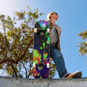 Black Neon Floral Print Skateboard
