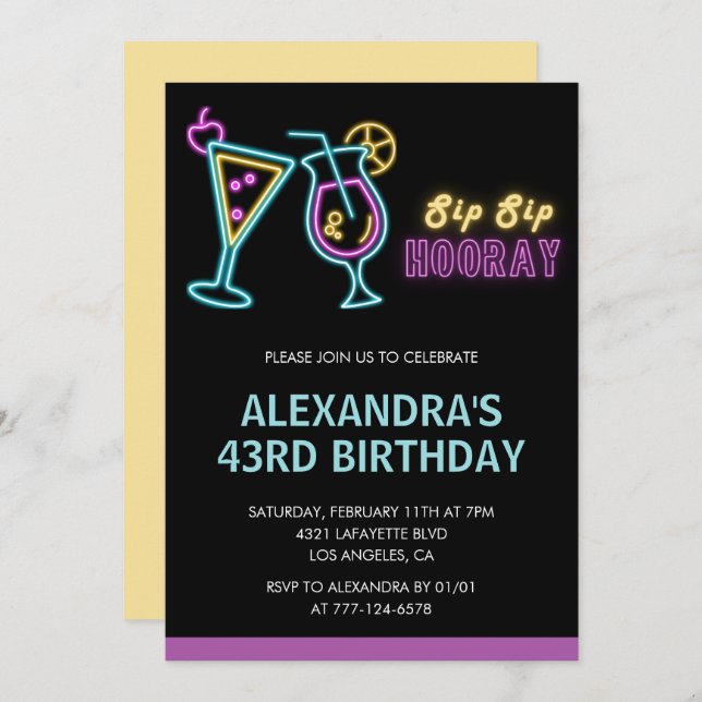 Black Neon Glow Cocktail Martini 43rd birthday Invitation (Front/Back)