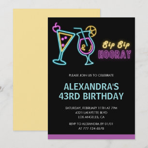 Black Neon Glow Cocktail Martini 43rd birthday Invitation