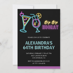Black Neon Glow Cocktail Martini 64th birthday Invitation