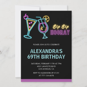Black Neon Glow Cocktail Martini 69th birthday Invitation