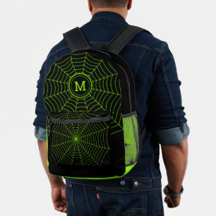 Black neon green spider web Halloween Monogram Printed Backpack
