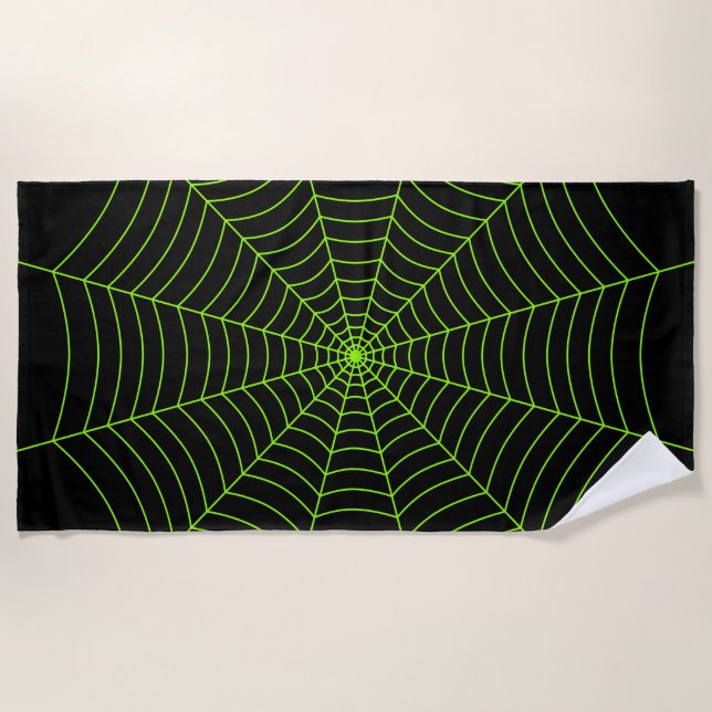 Black neon green spider web Halloween pattern Beach Towel (Front)