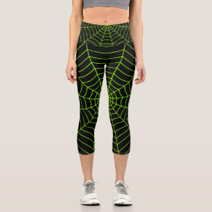 Black neon green spider web Halloween pattern Capri Leggings