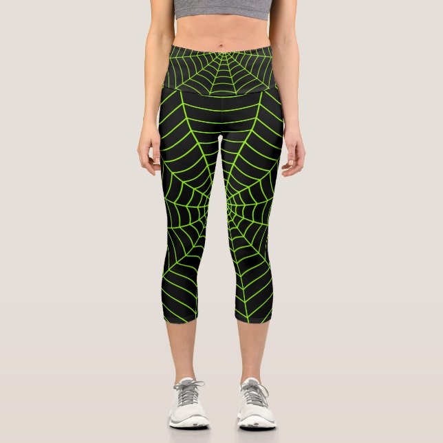 Black neon green spider web Halloween pattern Capri Leggings (Front)