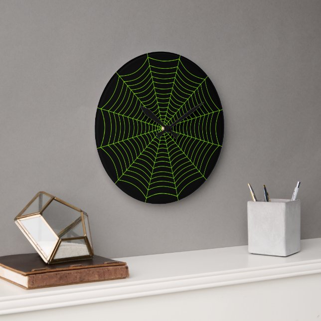 Black neon green spider web Halloween pattern Large Clock (Office)