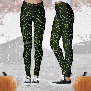 Black neon green spider web Halloween pattern Leggings