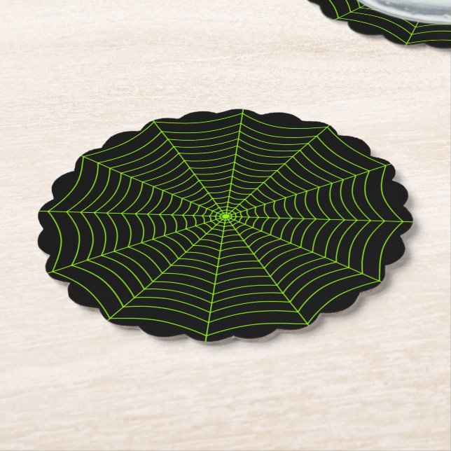 Black neon green spider web Halloween pattern Paper Coaster (Angled)