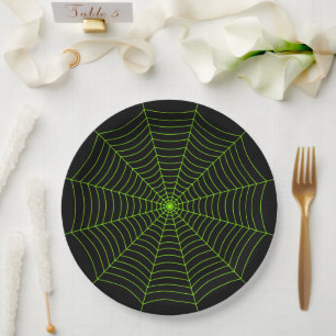 Black neon green spider web Halloween pattern Paper Plate