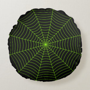 Black neon green spider web Halloween pattern Round Cushion