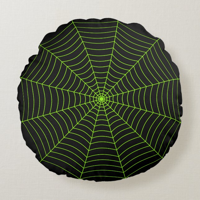 Black neon green spider web Halloween pattern Round Cushion (Front)